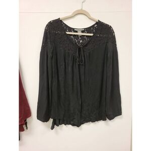 Kate Mallory Black Lace Top Womens XL Blouse Pleated Long Sleeve Shirt